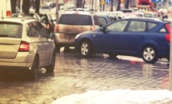 Närbild på trafikstockning i staden, vinter — Stockfoto