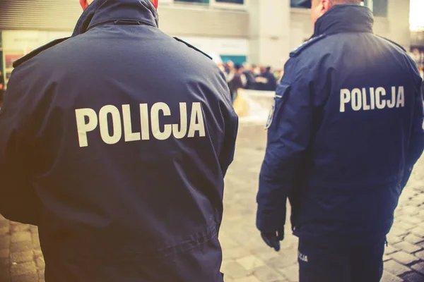 Detail of a police (Policja) officer in Poland, demonstration in — Stock Photo, Image