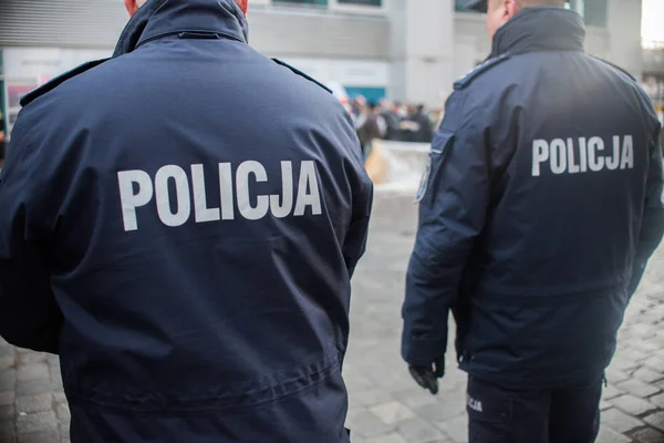 Detail of a police (Policja) officer in Poland, demonstration in — Stock Photo, Image