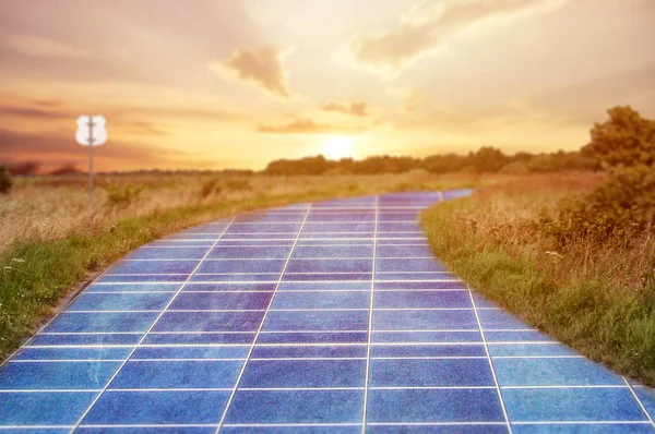 Solar power station in blue sky on the road — Stock Photo, Image