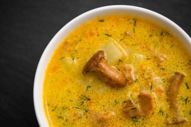 mantar chanterelles ve otlar siyah taş bac ile krem çorbası