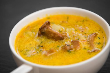 mantar chanterelles ve otlar siyah taş bac ile krem çorbası