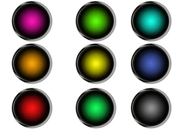 Цветные кнопки с металлическими рамками и тенями — стоковое фото