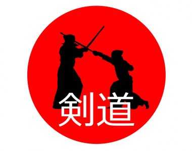 Japon kendo savaşçıları Japonya bayrağı si ile bambu kılıçlı