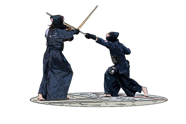 Kendo japonês lutadores com espadas de bambu, fundo branco — Fotografia de Stock