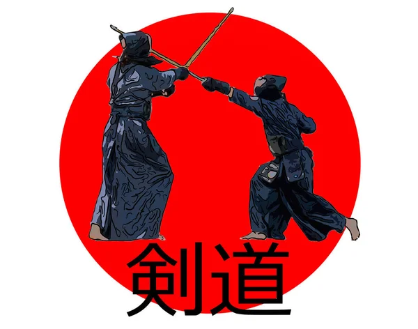 Japanese kendo fighters with bamboo swords on Japan flag — Stock Photo, Image