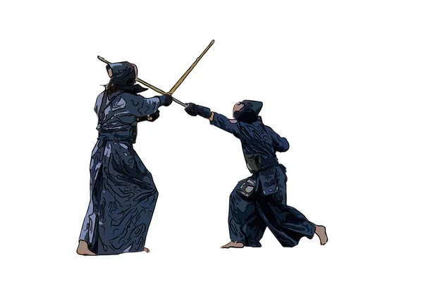 Japanese kendo fighters with bamboo swords, white background — Stock Photo, Image