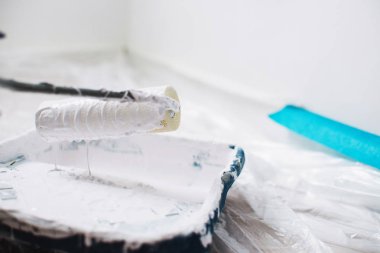 Beyaz acı, ev onarım, duvar boyama fırça üzerinde kapat