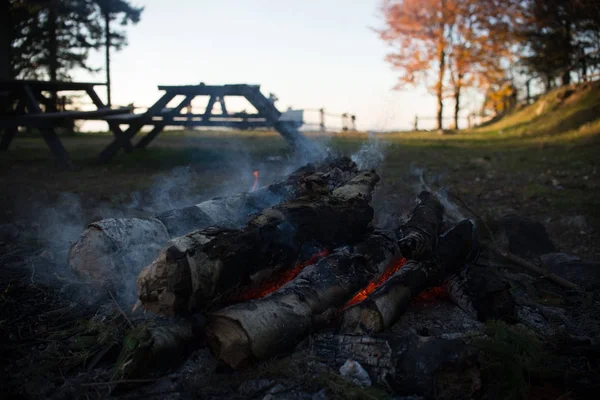 Lejrbål sted i glade i bjergene - Stock-foto