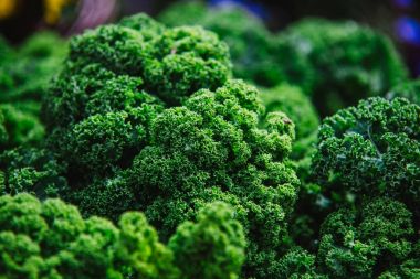 Kale kapatın. Yeşil sebze yaprakları, sağlıklı beslenme, vegeta