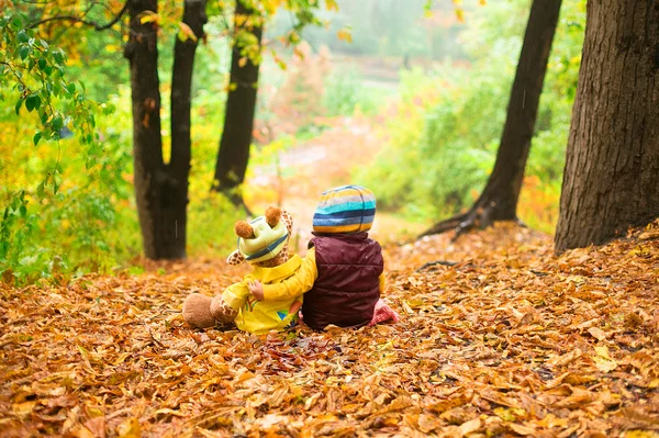 Sonbahar Park'ta yürüyordunuz küçük çocuklar — Stok fotoğraf