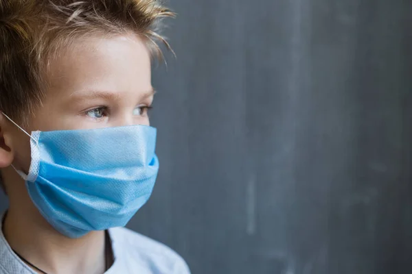 Cute Blonde Boy Blue Medical Mask Virus Stock Picture
