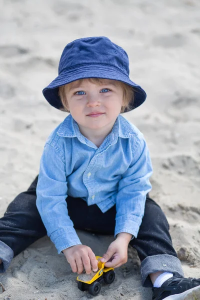 Smiling Curly Baby Blue Hat Plays Park — Stock Photo, Image