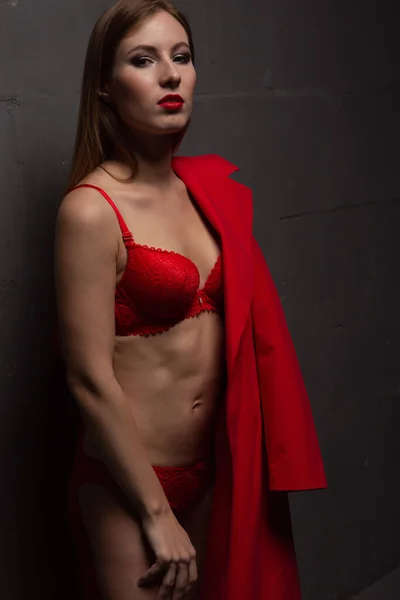 Pretty Proud Woman Sexy Red Underwear Red Raincoat Draped Her — Stock Photo, Image