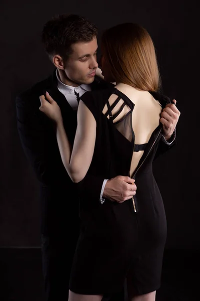 Fashionable Portrait Elegant Sexy Couple Studio Elegant Man Suit Unbuttons — Stock Photo, Image