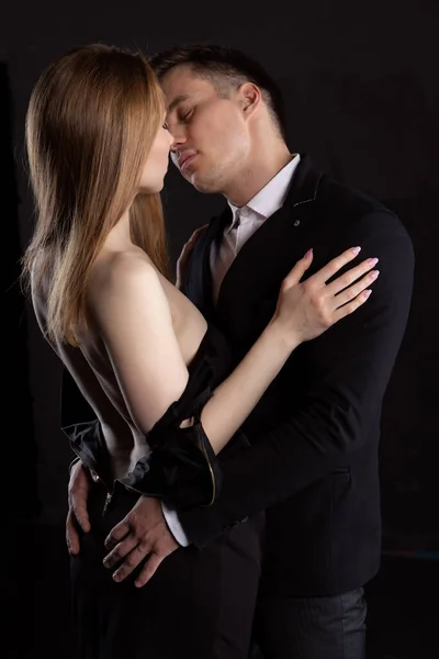 Man Touches Ass Sexy Woman Unbuttoned Dress Passionate Kisses Portrait — Stock Fotó