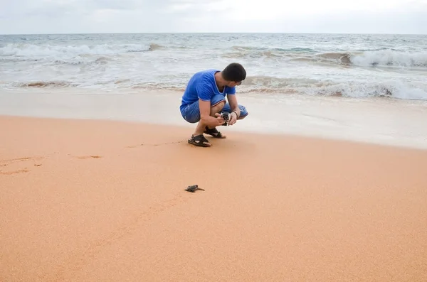 Парень Камерой Гуляющий Пляжу Счастливая Молодая Пара Держит Черепах Руках — стоковое фото