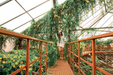 Beyaz elbiseli, çok renkli rastalı yalnız, güzel bir kız kırmızı bir merdivende, bir çiçek kemerinde duruyor. Ukrayna, Dnipr 'deki botanik bahçesinde egzotik tropik bitkilerle dolu bir sera.