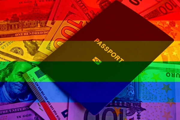 Der biometrische Reisepass steht auf Euro-Scheinen und Dollar. Konzept: Gehaltserhöhung, Arbeit in Europa, Einwanderung zur Arbeit, Visum für Europa. — Stockbild Der Biometrische Reisepass Steht Auf Euro Scheinen Und Dollar Konzept — Stockfoto