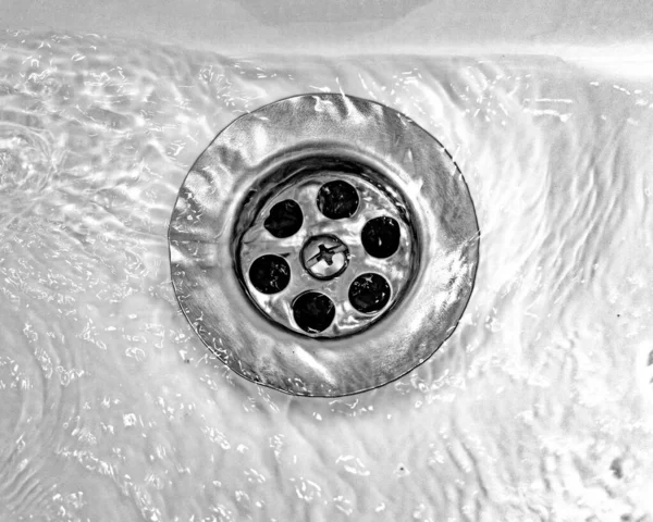 Draining Water Stainless Steel Grate Old Long Used Bathroom Sink — Stock Photo, Image