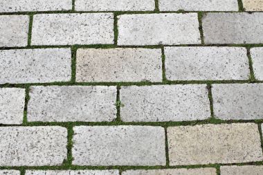 Cobblestones aralarında çim ile yolda