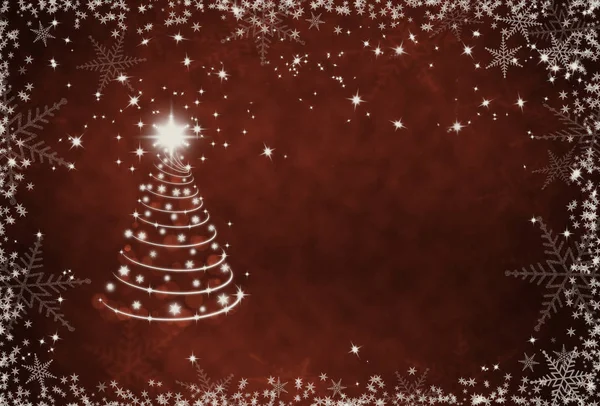 Natale sfondo rosso con cornice fiocchi di neve e tre di Natale — Foto Stock