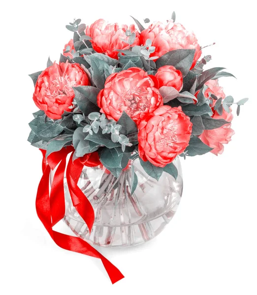 Amazing bouquet of pink pions on white — Stock Photo, Image