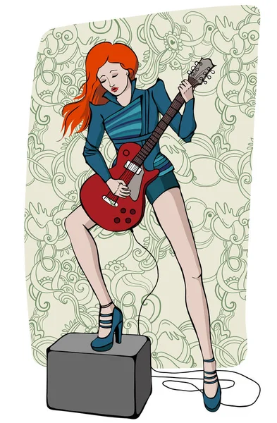 Chica Pelirroja Rockstar Tocando Guitarra Eléctrica Ilustración Creativa Vectorial — Vector de stock