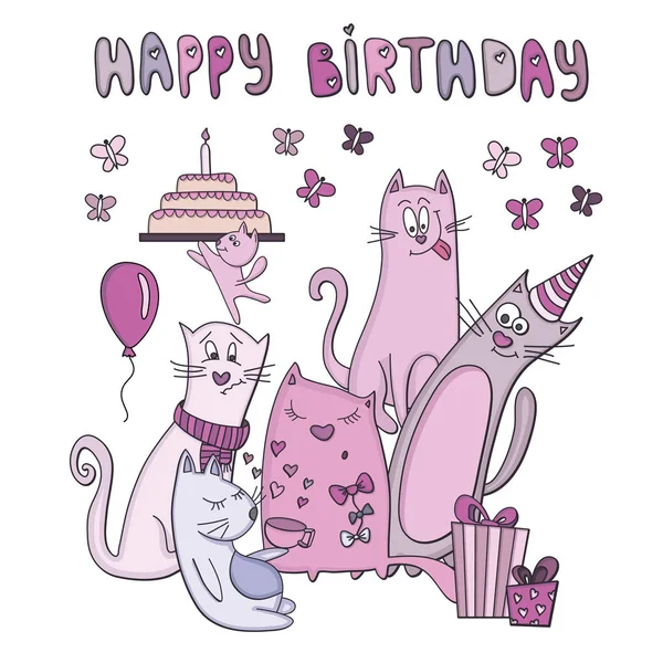 Vector Birthday Card Funny Cats — Stock Vector