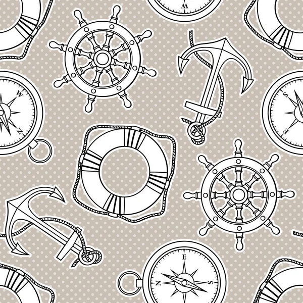 Vector Seamless Pattern Anchors Lifebuoies Ship Wheels Compasses — Stock Vector