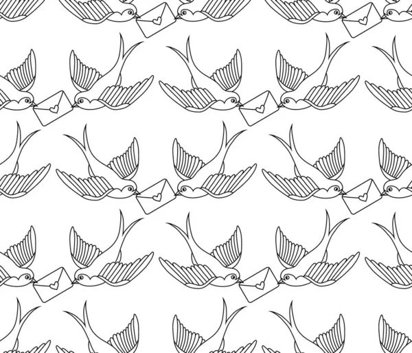 Vector Old School Seamless Pattern Birds Love Letters — Stock Vector