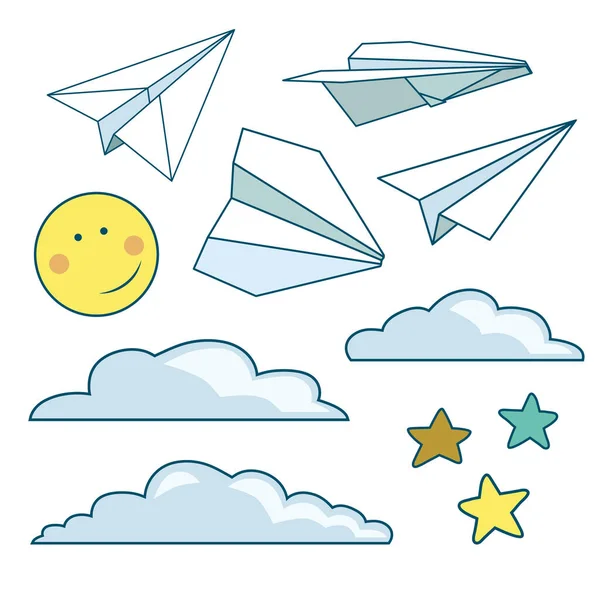 Vector Set Isolated Paper Planes Stars Moon Clouds — Stock Vector