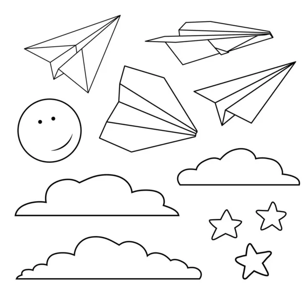 Vector Set Isolated Paper Planes Stars Moon Clouds — Stock Vector