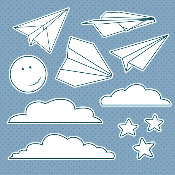 Vector Set Isolated Paper Planes Stars Moon Clouds — Stock Vector