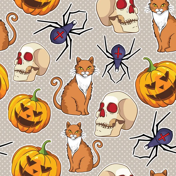 Modèle Sans Couture Vectoriel Halloween Avec Chat Araignée Citrouille — Image vectorielle
