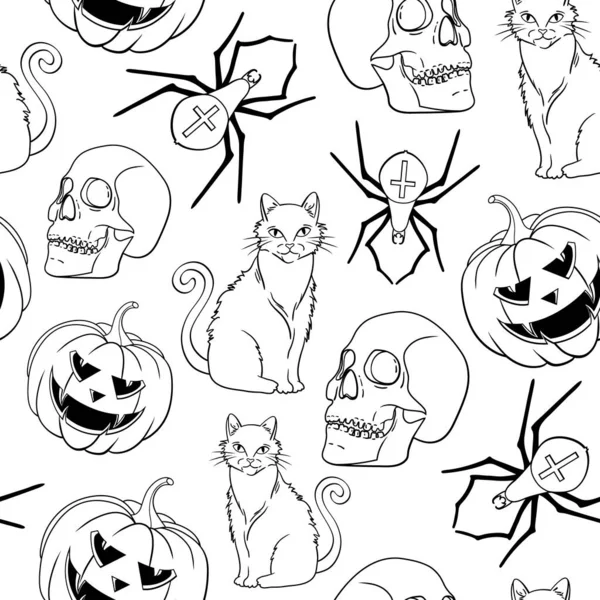 Patrón Sin Costura Vector Halloween Con Gato Araña Calabaza — Archivo Imágenes Vectoriales