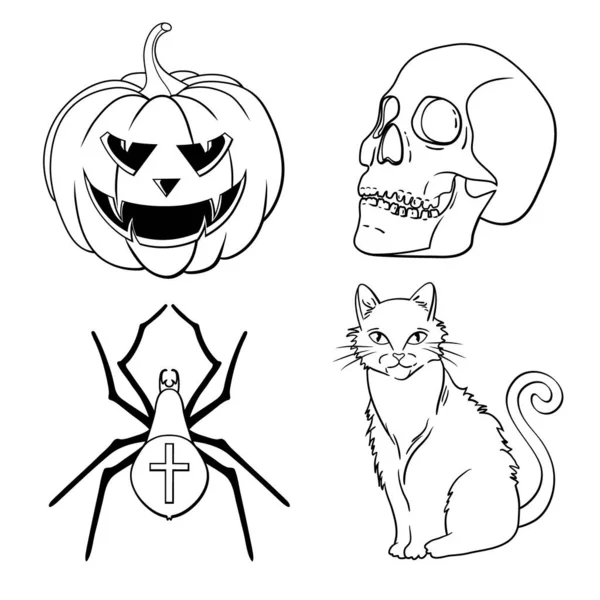 Conjunto Ícones Halloween Abóbora Crânio Aranha Gato Vermelho — Vetor de Stock