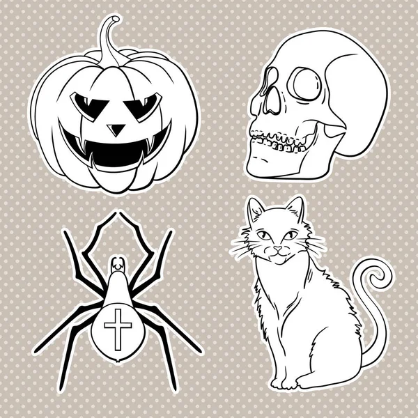 Ensemble Icônes Halloween Citrouille Crâne Araignée Chat Rouge — Image vectorielle
