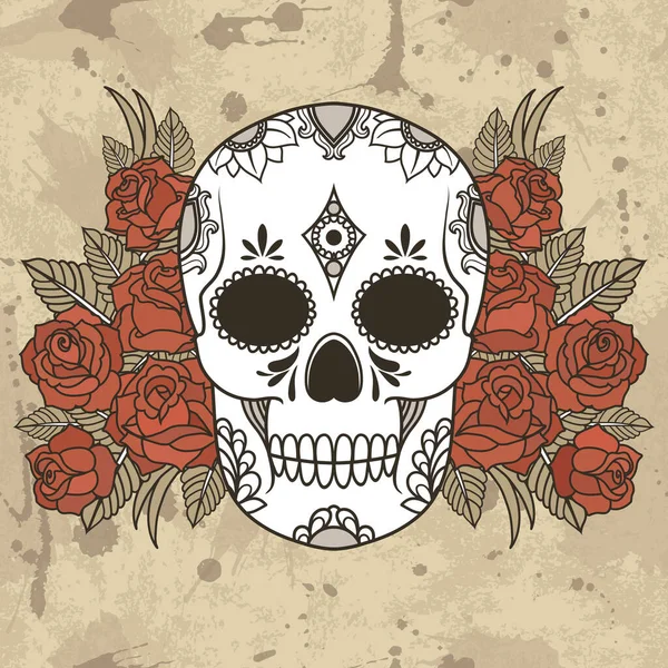 Vector Ilustración Aislada Cráneo Con Rosas Hojas — Vector de stock