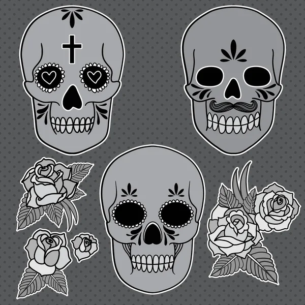 Jour Des Morts Ensemble Crânes Avec Roses Feuilles Illustration Vectorielle — Image vectorielle