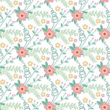 Sevimli çiçeksiz desen. Çiçekler ve yapraklarla vektör arkaplanı.