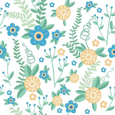 Sevimli çiçeksiz desen. Çiçekler ve yapraklarla vektör arkaplanı.