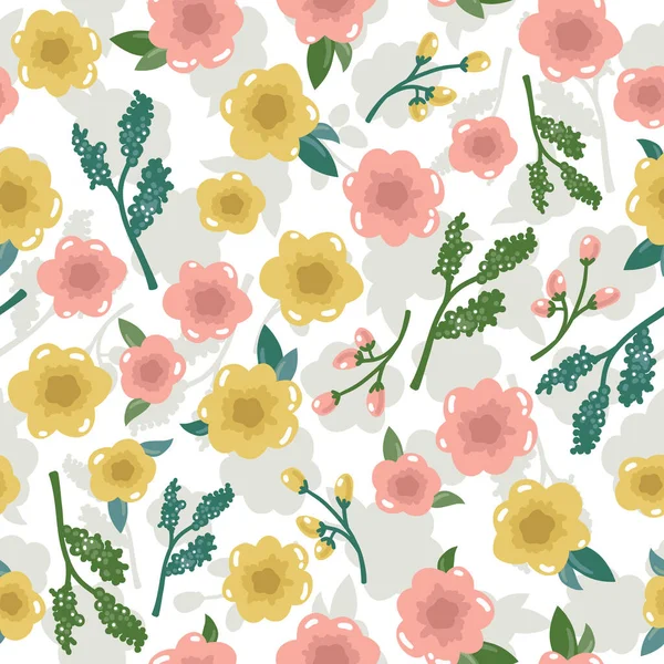 Lindo Patrón Floral Sin Costuras Fondo Vectorial Con Flores Hojas — Vector de stock