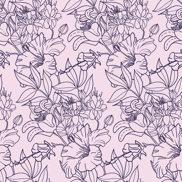 現実的な花のシームレスなパターン 花と葉のベクトル背景 — ストックベクタ