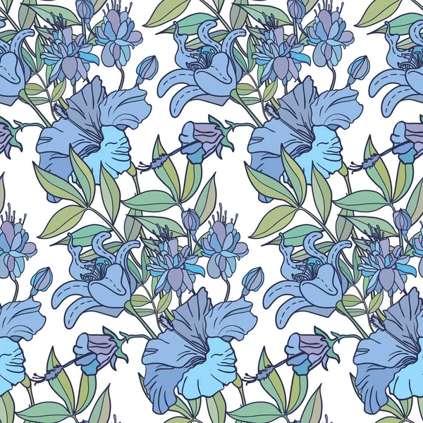 Motif Floral Réaliste Sans Couture Fond Vectoriel Avec Fleurs Feuilles — Image vectorielle