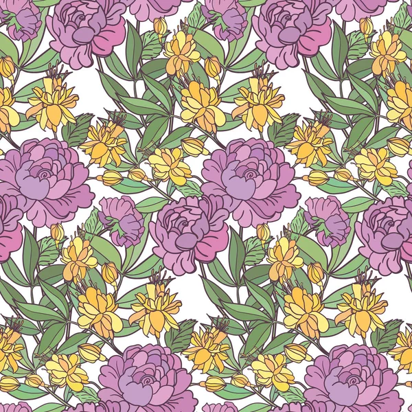 Motif Floral Réaliste Sans Couture Fond Vectoriel Avec Fleurs Feuilles — Image vectorielle