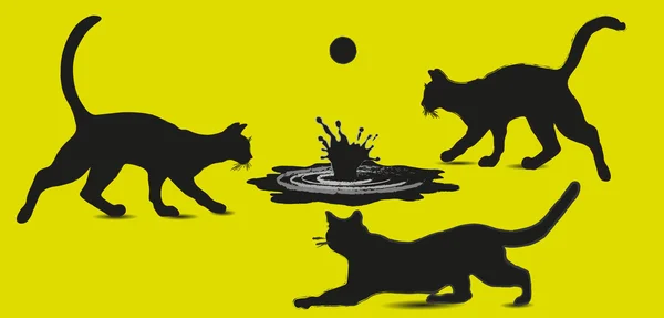 Tres gatos y una piscina con una pelota — Vector de stock