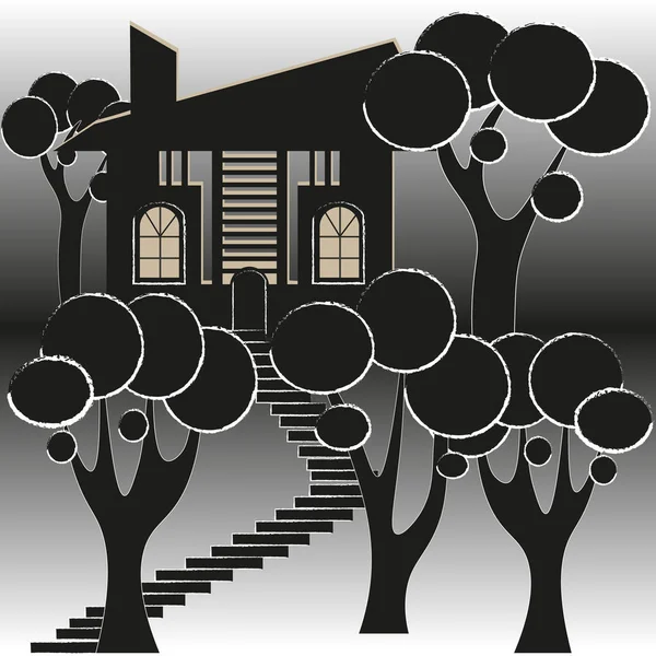 House and garden black and white contour — Stock Vector