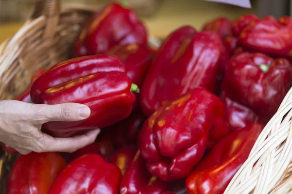 Rode paprika's in markt — Stockfoto