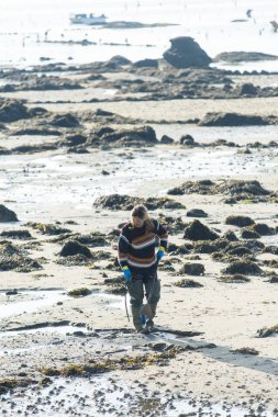 Bir adam kabuklu deniz ürünleri istiridye toplamak